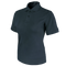 The Condor Womens Short Sleeve Performance Tactical Polo is a dark-colored, collared shirt with a three-button placket, ideal for law enforcement professionals, shown on a white background.